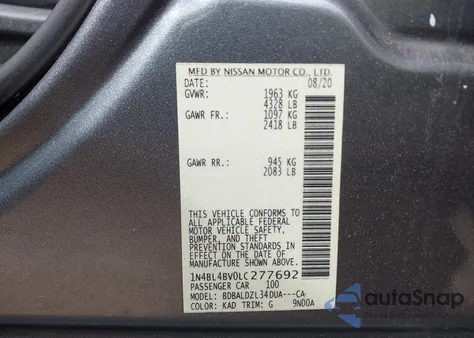 2020 Nissan Altima S Fwd из США, поврежденный, VIN 1N4BL4BV0LC277692